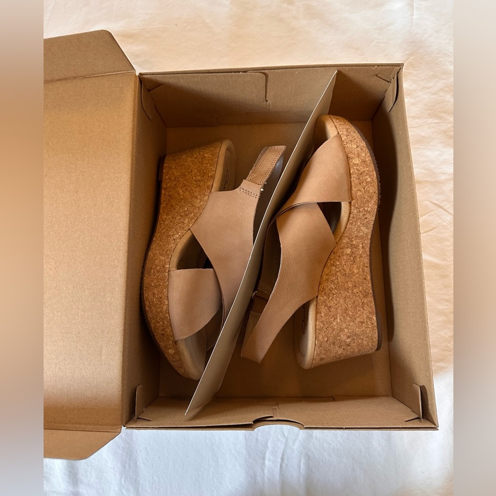 Clarks Tan Cork Wedge Slingback Sandals